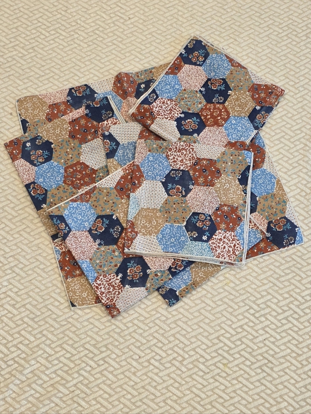 VINTAGE 70s Patchwork Hexagon Cotton Kitchen Napkins - Blue, Rust & Tan